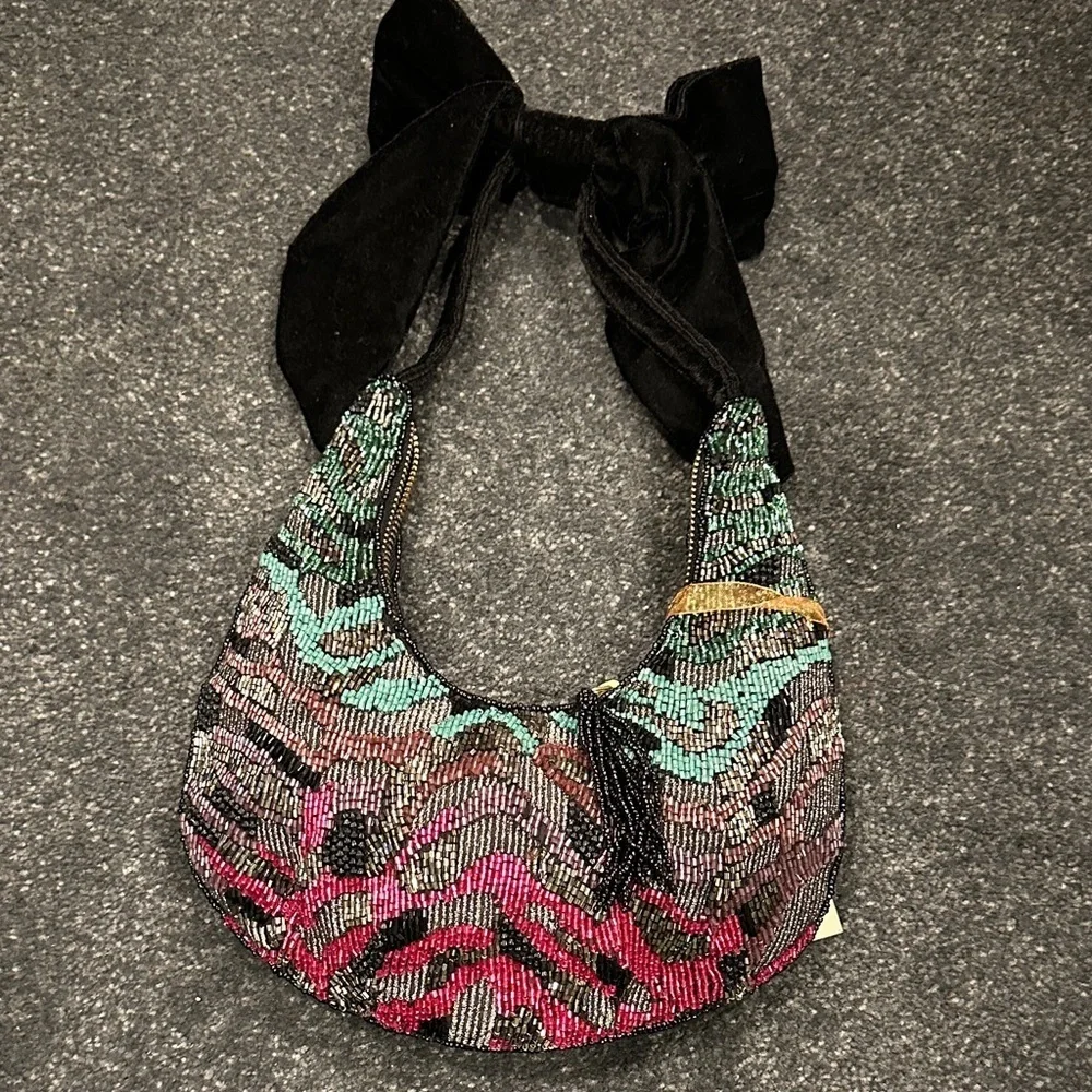 NWT Beaded Multicolor Crescent Shoulder Bag with Black Velvet Tie